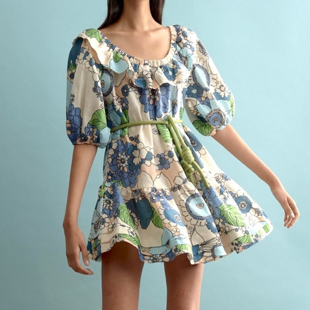 Alemais Farrah Ruffle Mini Dress Blue Green Floral Print Linen Belted AU 6